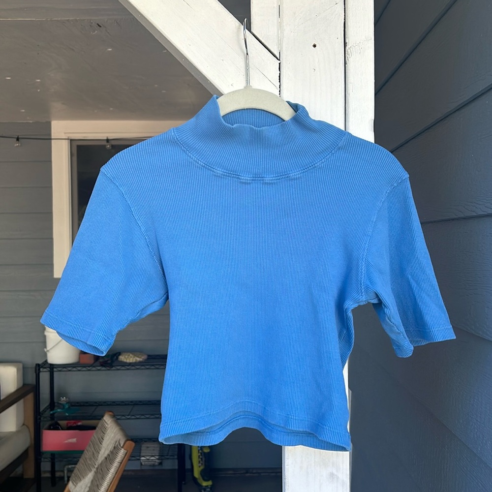 Big Bud Press Turtleneck Half Sleeve Cropped Shirt Cornflower Blue